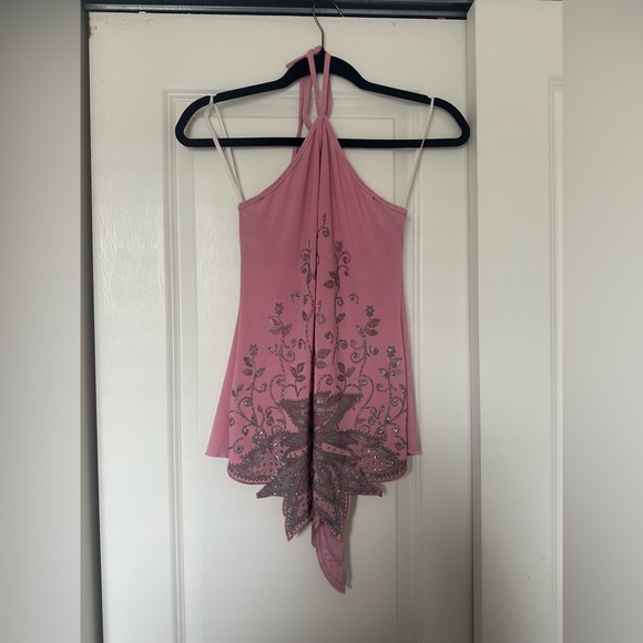 Pink Y2K Mcbling Tabom Halter Top with silver Floral Design - Picture 2 of 9
